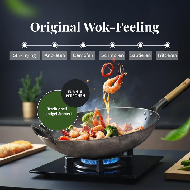 pasoli handgehämmerter Wok inkl. gratis Rezepte eBook - traditionelle Asiapfanne - Bratwok aus Carbo