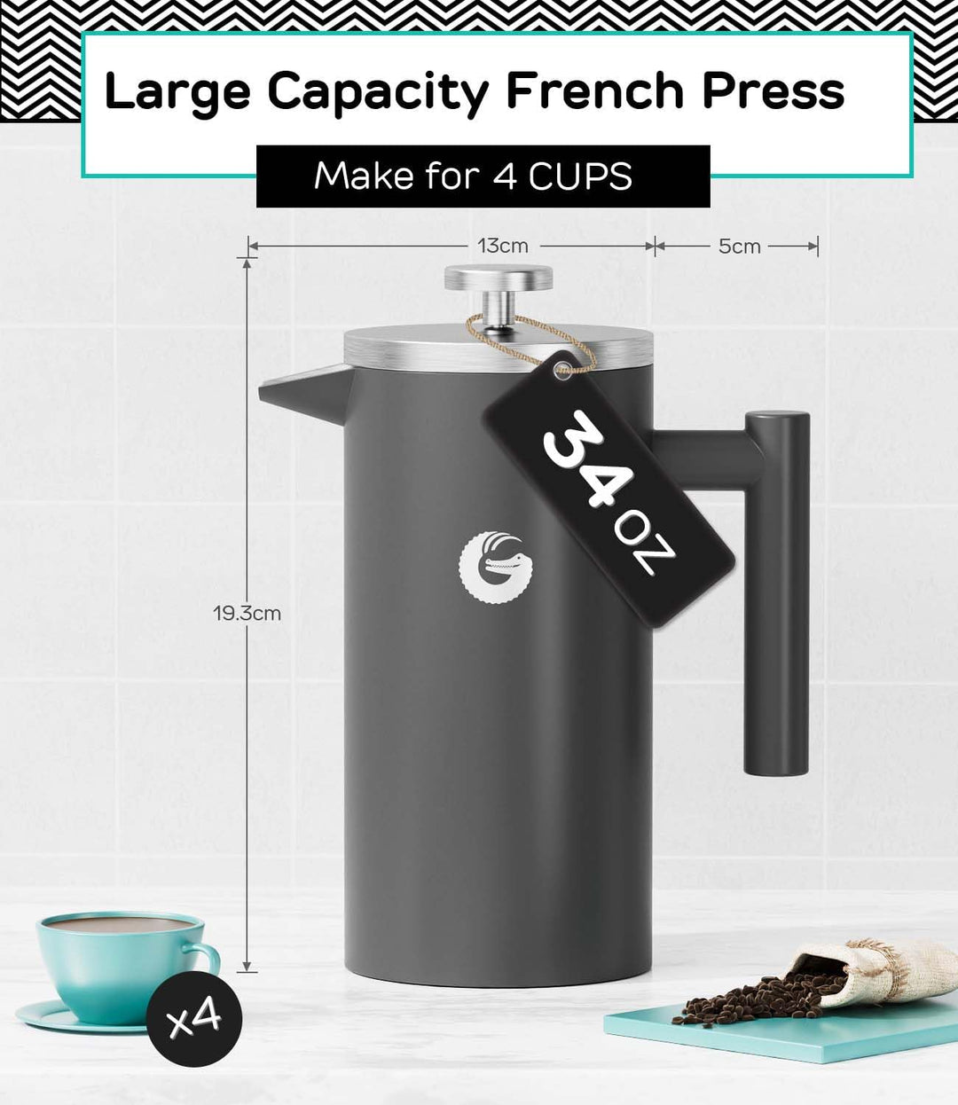 Coffee Gator French Press Kaffeebereiter - Thermo-Kaffeekanne aus Edelstahl für länger heissen Kaffe