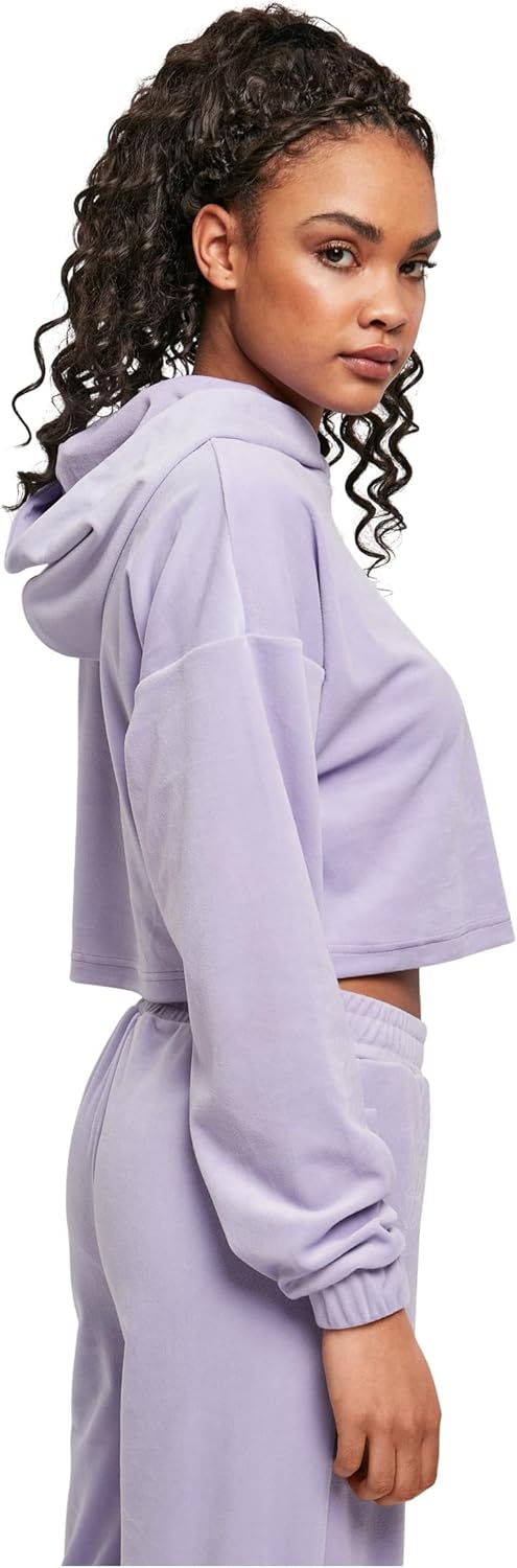 Urban Classics Damen Hoody kurzer Oversize Kapuzenpullover aus weichem Samtstoff, bauchfreier Kapuze