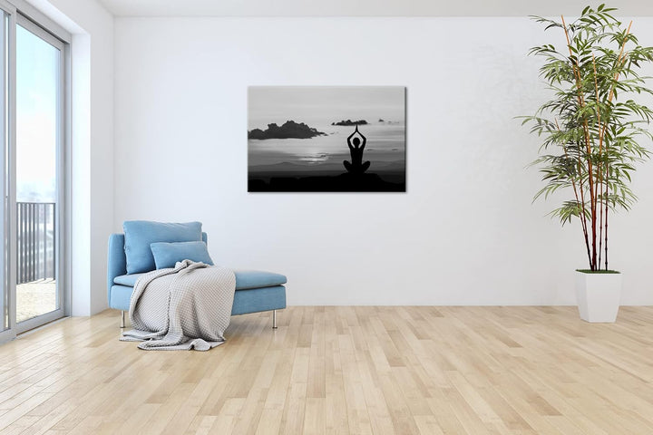 deyoli Yoga Meditation am Meer Format: 80x60 Effekt: Schwarz&amp;Weiss als Leinwandbild, Motiv fertig ge