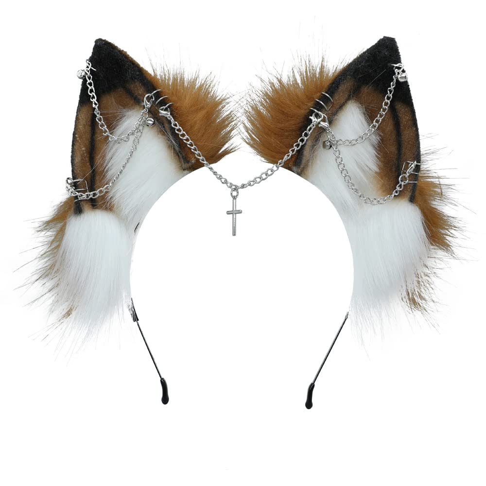 VIGVAN Handgemachte Wolf Fuchs Ohren Cosplay Kopf Zubehör Kawaii Haarband (Kette Braun Weiss), Kette