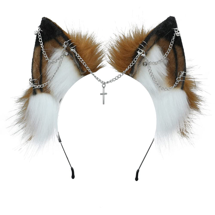 VIGVAN Handgemachte Wolf Fuchs Ohren Cosplay Kopf Zubehör Kawaii Haarband (Kette Braun Weiss), Kette