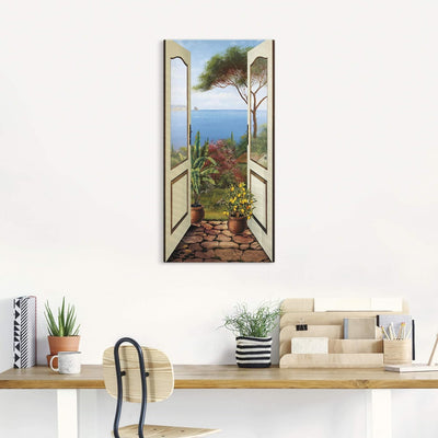 ARTland Leinwandbilder Bild Leinwand Wandbilder 50x100 cm Fensterblick Garten Meer Landschaft Küste