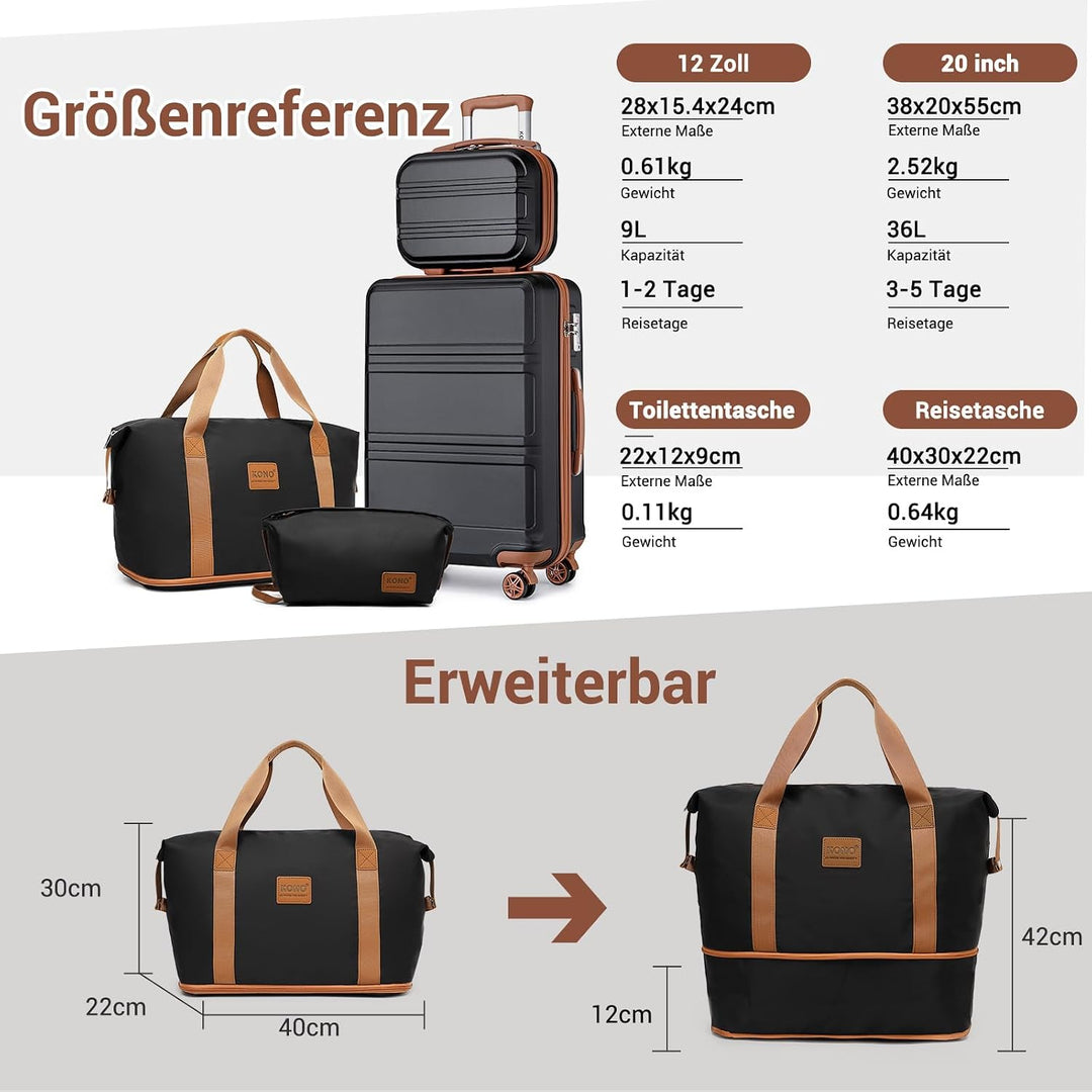 KONO Reisekoffer Set Gepäcksets 4 Teilig Kofferset, 55cm Handgepäck mit Beautycase Kosmetikkoffe mit