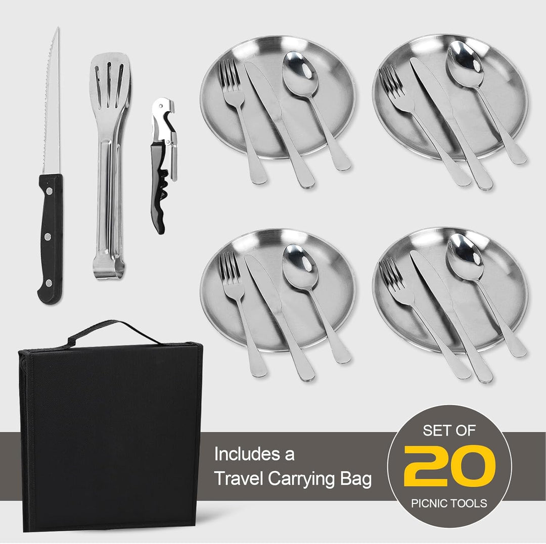 Campingbesteck Set für 4 Personen - Tragbares Edelstahl Outdoor Geschirr Set für Camping, Picknick u