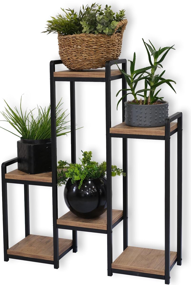 WDMT Rechteckiger Pflanzentisch aus Metall mit Holzregalen von Naturn Living – Blumenregal für drinn