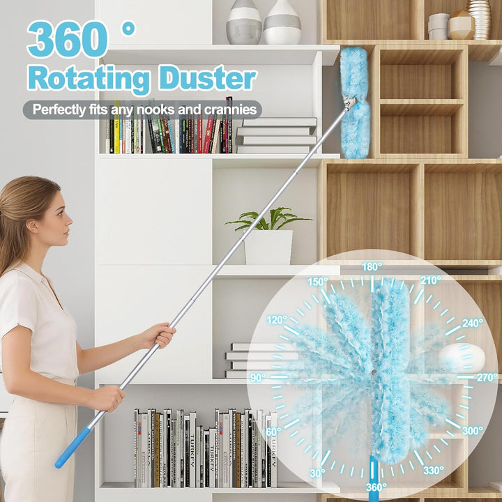 JEHONN Staubwedel Lang Ausziehbar 180 cm, 10 Nachfülltücher für Swiffer Teleskopstange, Robust Doppe