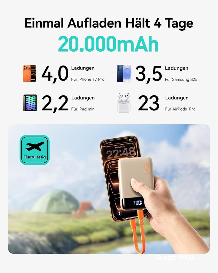 INIU Power Bank, Ultra Klein 20000mAh 22.5W Schnellladefunktion Power Bank, USB-C In&Out Externe Han