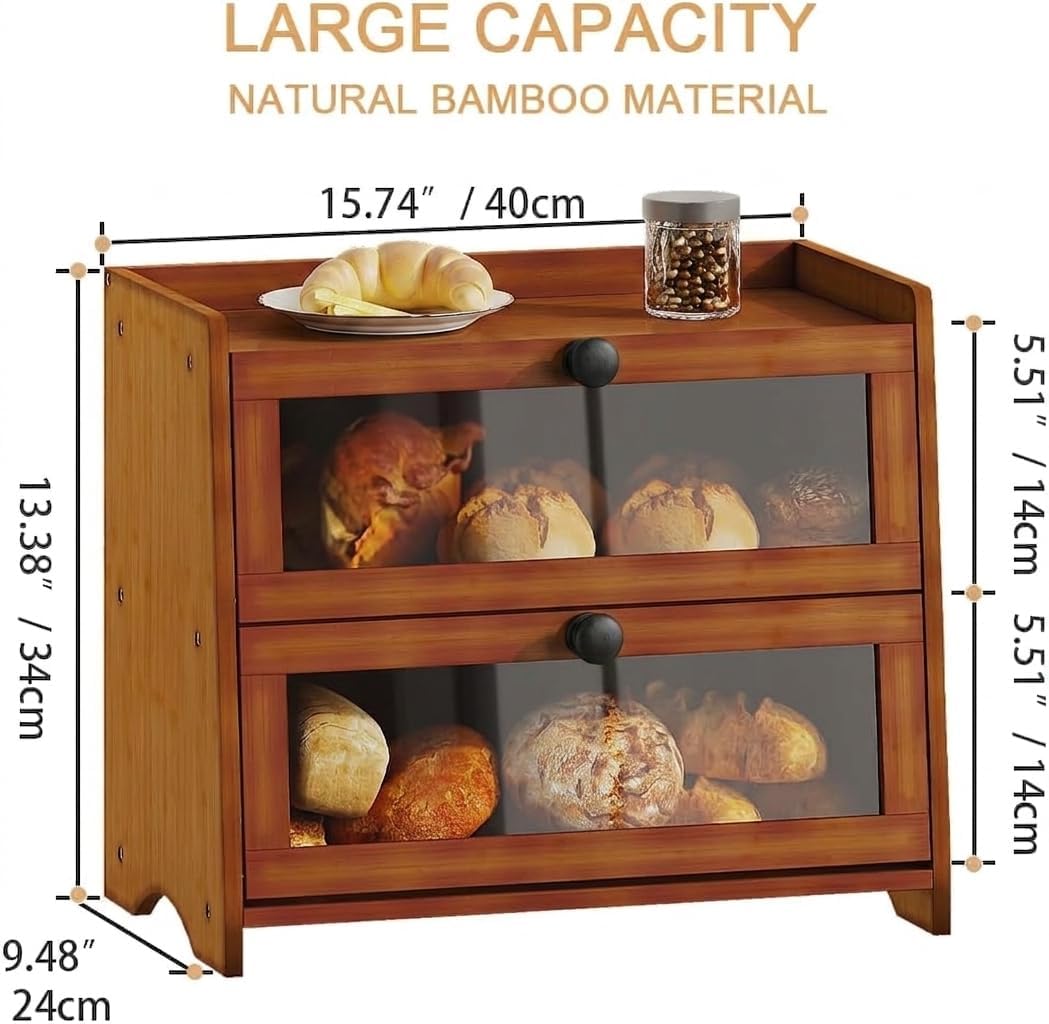 BAMBANG Gross Bambus Brotkasten für Küchentheke, 2 Stufe Bauernhaus Brotbox, Holz Brotkasten Brotauf