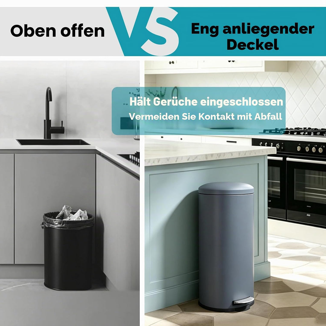 Mülleimer 30L Treteimer mit Softclose-Deckel und Pedal, Grau | 30L Edelstahl Treteimer, Rund, Müllei
