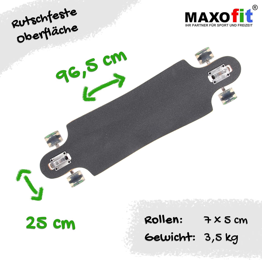 MAXOfit Longboard in verschiedenen Designs mit hochwertigen Ahorn/Bambus Decks für Anfänger und Fort