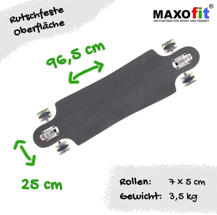 MAXOfit Longboard in verschiedenen Designs mit hochwertigen Ahorn/Bambus Decks für Anfänger und Fort