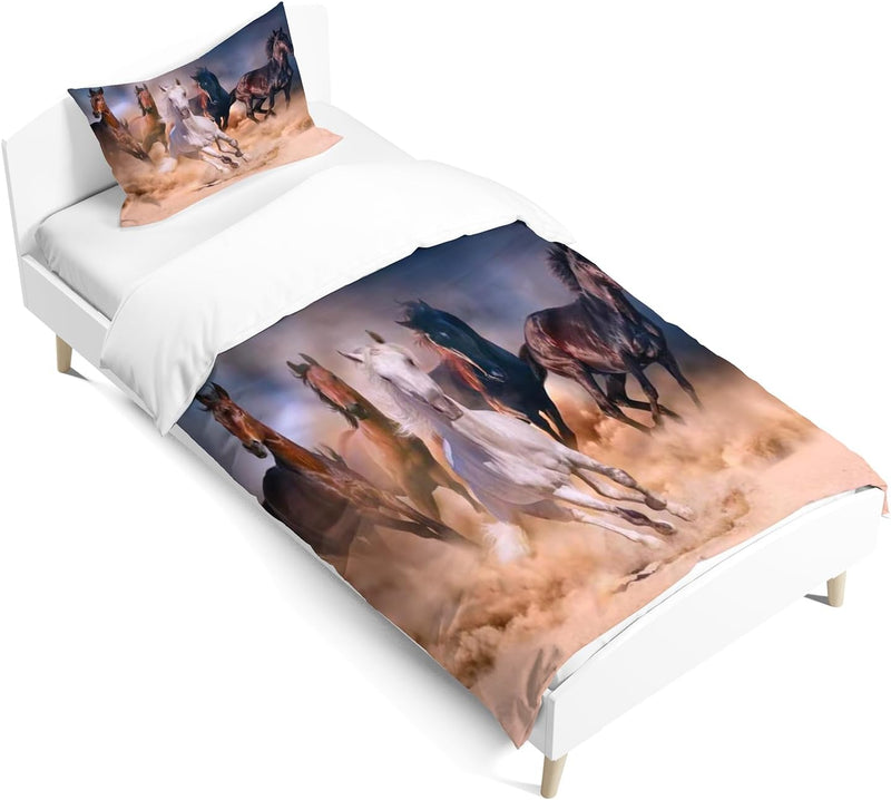 JEFFEL Pferde Bettwäsche Set 135x200 cm, Kinderbettwäsche, Pferde Motiv 3D Tier Motiv, Mikrofaser, S