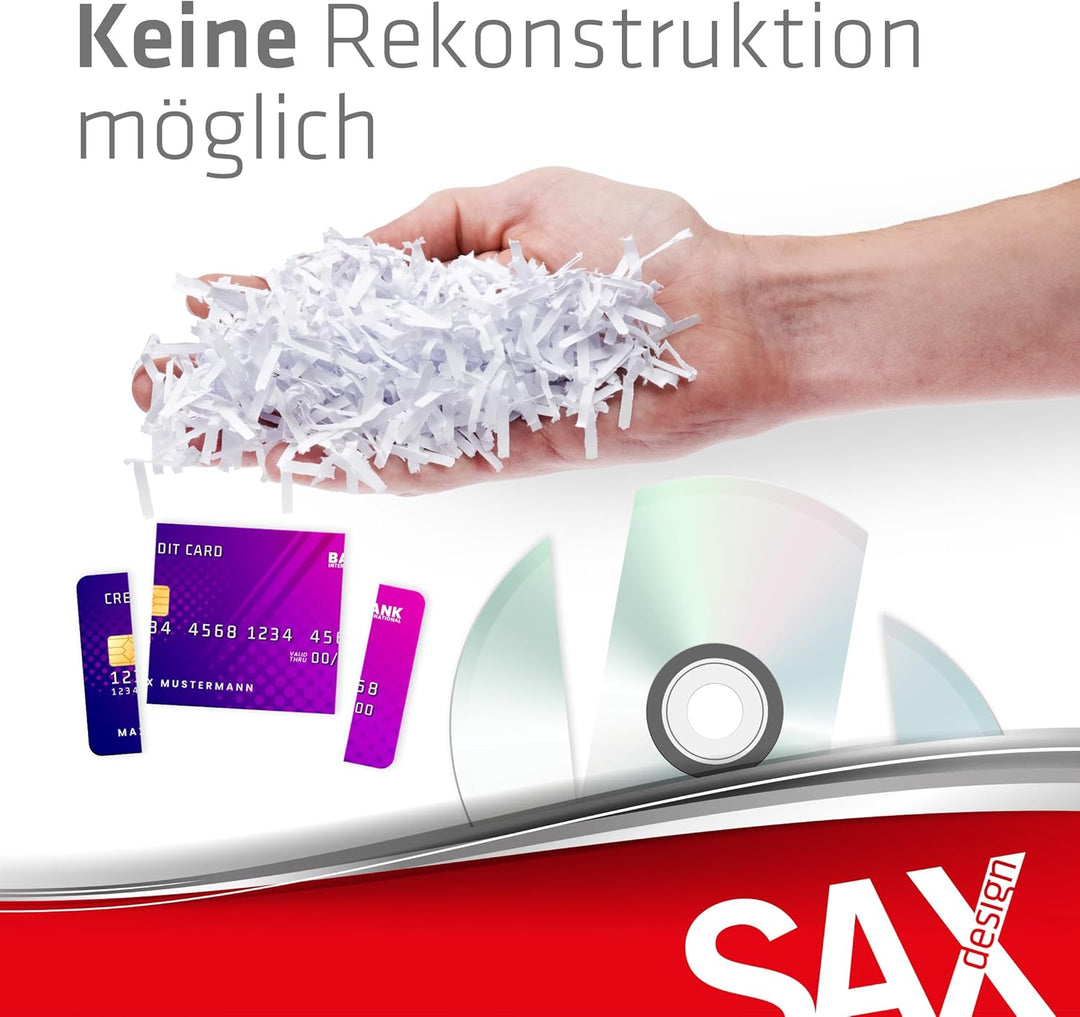 Sax Aktenvernichter Bruno – Partikelschnitt 3x18mm, Schreddert Papier, CDs & Karten, 220mm Zuführung