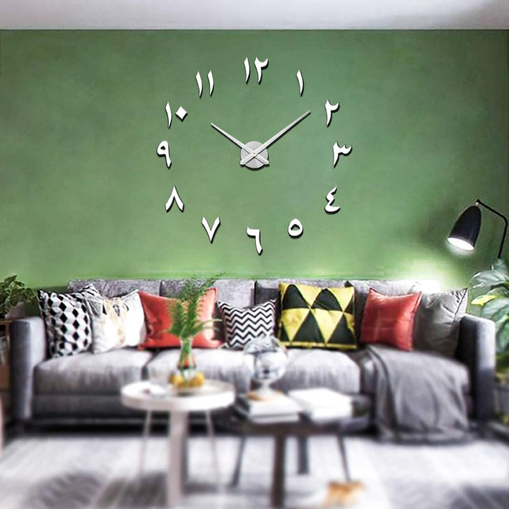 Vangold Arabische Moderne Mute DIY grosse Wanduhr 3D Aufkleber Home Office Decor Geschenk (Silber),