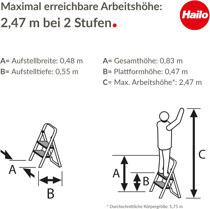 Hailo Alu-Klapptritt StandardLine, 2 grosse Stahl-Stufen bis 150 kg, kleine Alu Leiter mit Anti-Ruts