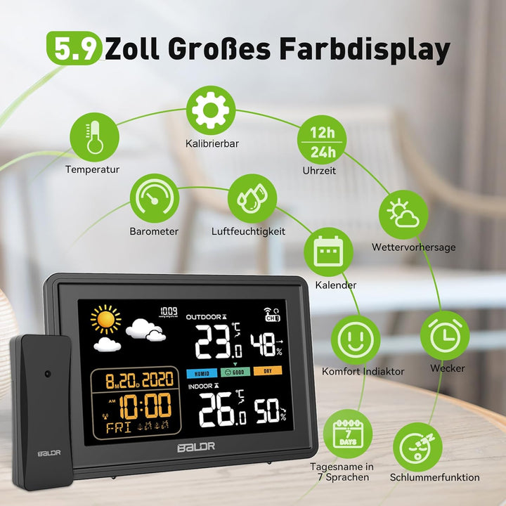 Konsen Wetterstation funk mit Aussensensor DCF Funkuhr, Farbdisplay mit grossen Zahlen von Innen und