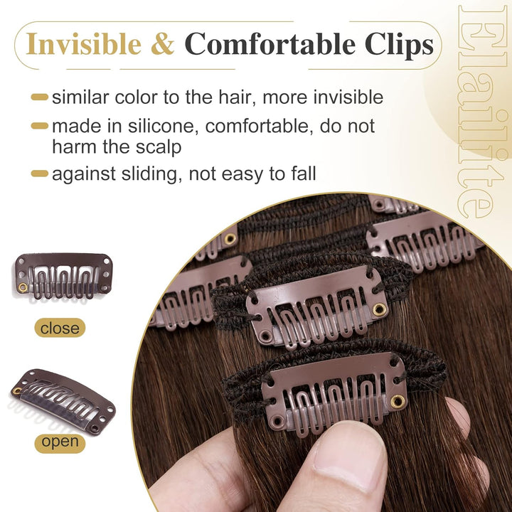 Elailite Extensions Echthaar Clip in 8 Tressen Voller Kopf #4 Mittel braun Haarverlängerung Real Hum