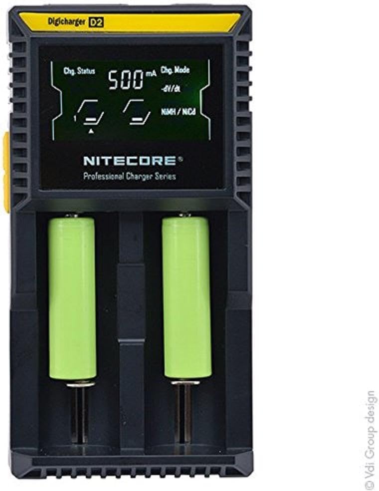 Nitecore D2EU - Universalladegerät für Li-Ion, Ni-MH, Ni-CD und LiFePO4 Akkus, LCD Display Schwarz,