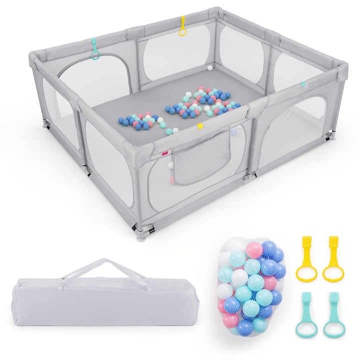 DREAMADE Laufstall Baby, 189 x 158 cm Laufgitter mit 4 Zugringen & 50 Ocean Bällen & Tragetasche, Gr