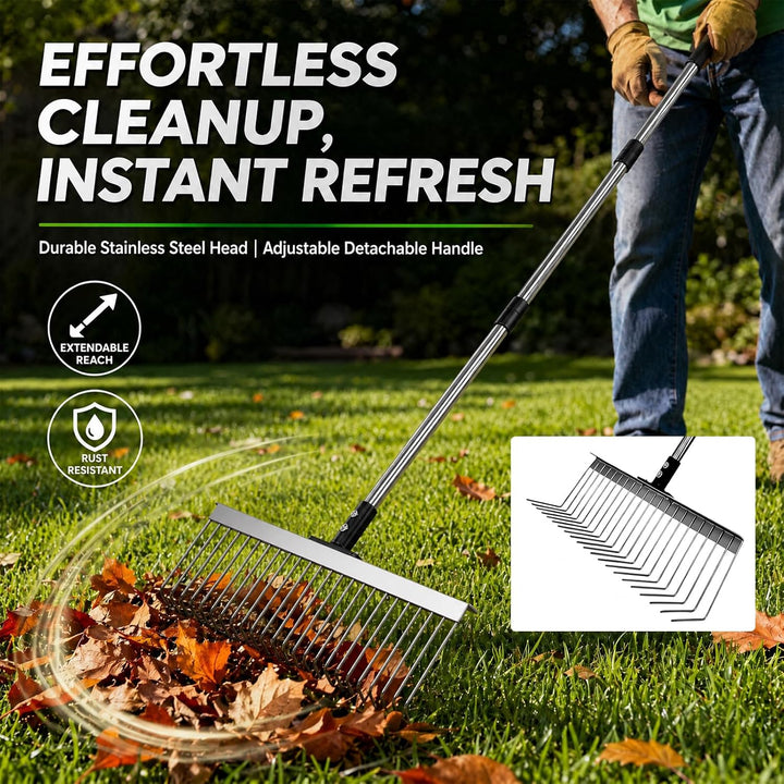 Premium Rasenrechen Edelstahl 160cm - Gartenharke mit 21 stabilen Zinken & 40cm Arbeitsbreite | Manu