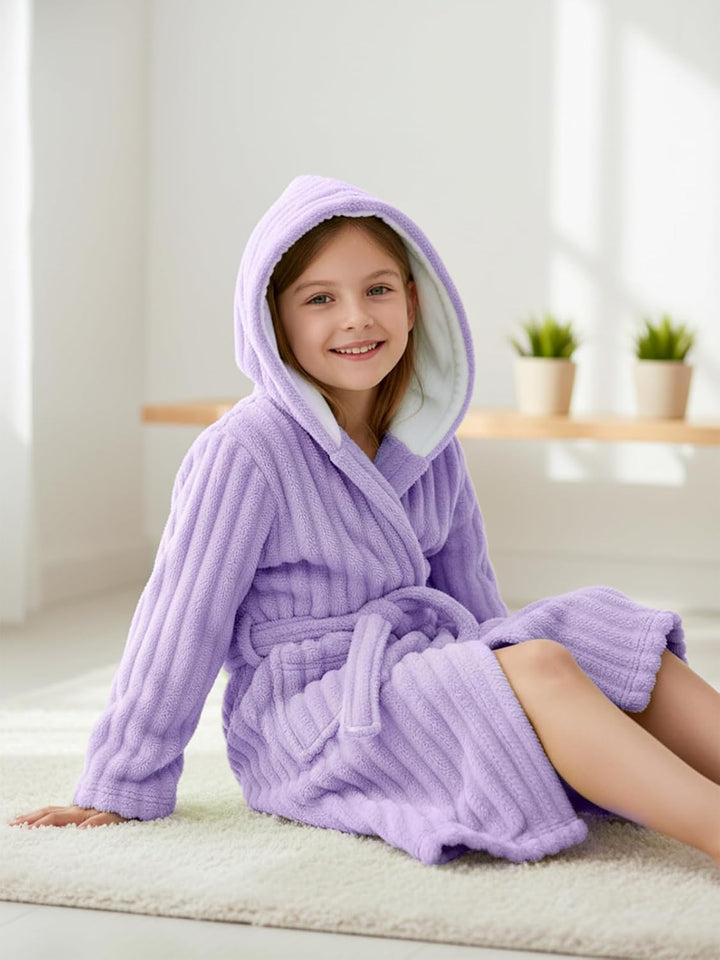 JiAmy Kapuzen Bademantel für Mädchen Flauschiger Fleece Plüsch Langer Schlafmantel Kinder Lila 4-6 J