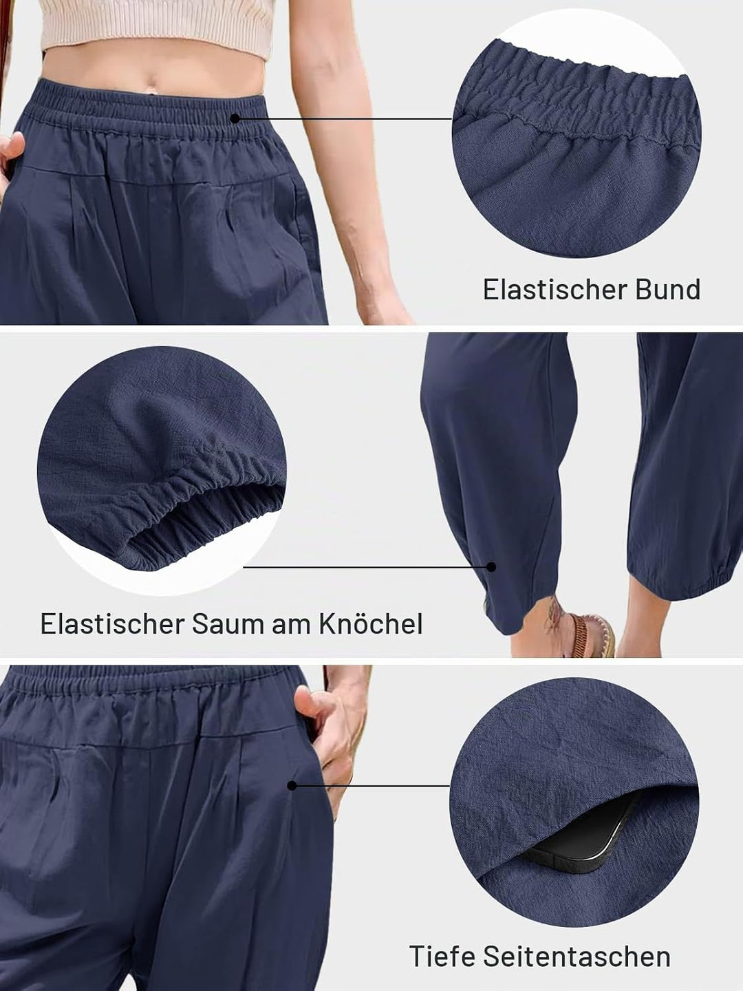 Les umes Damen Baumwolle Capri Casual Hose Elastische Taille Sommer Hose Haremhose mit Navy Blau M,