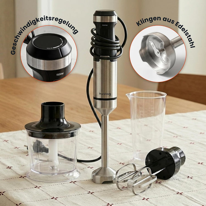 BlendPlus Stabmixer 3in1 – 1500W Hochleistungsmixer mit Edelstahlklingen, Zerkleinerer, Schneebesen