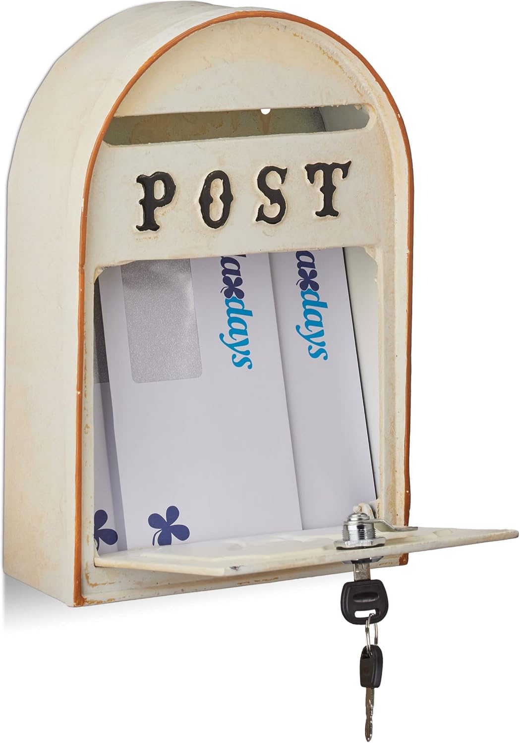 Relaxdays Briefkasten antik, Western Vintage Style, Shabby-Chic, Posthorn-Relief, Metall, HxBxT: 30