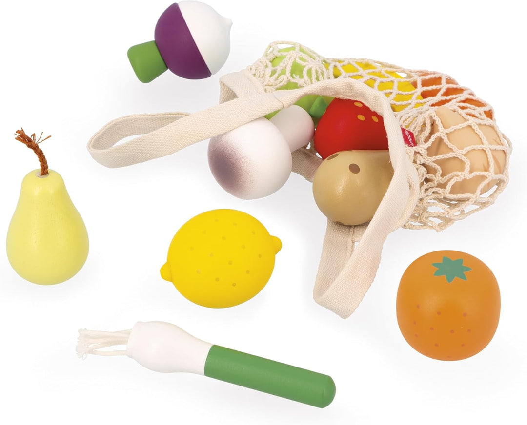 Janod - Netz aus 12 Obst- und Gemüsesorten - Leinentasche - Spielzeug Imitation Einkaufskorb - Ideal