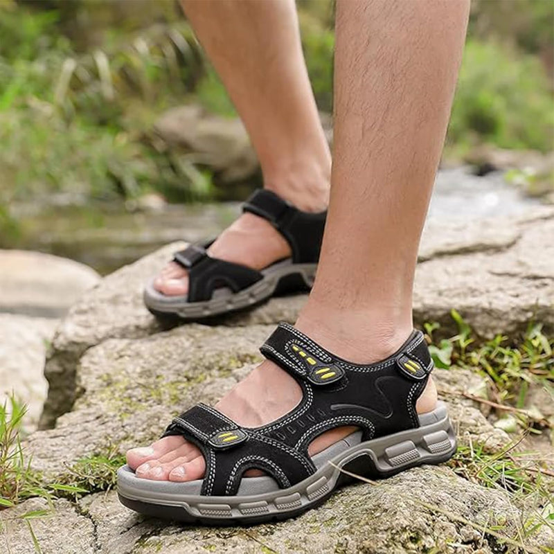 OutPro Herren Ledersandalen Outdoor Sports Sandalen Waterproof Wandersandalen Klettverschluss Offene