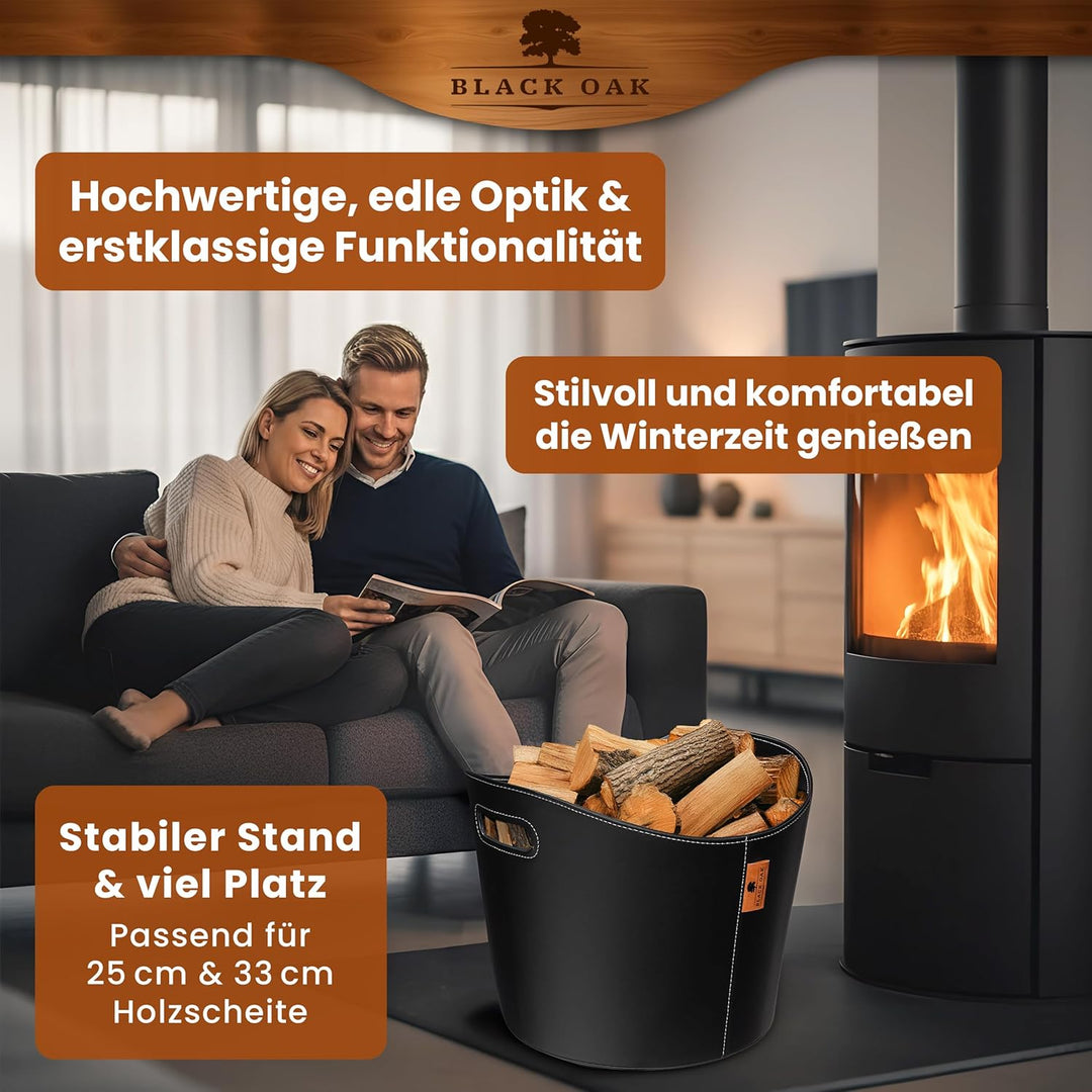 BLACK OAK DAKOTA L 40L Holzkorb für Kaminholz - Kunstleder schwarz 30kg Traglast - 40 Liter 40x38x32
