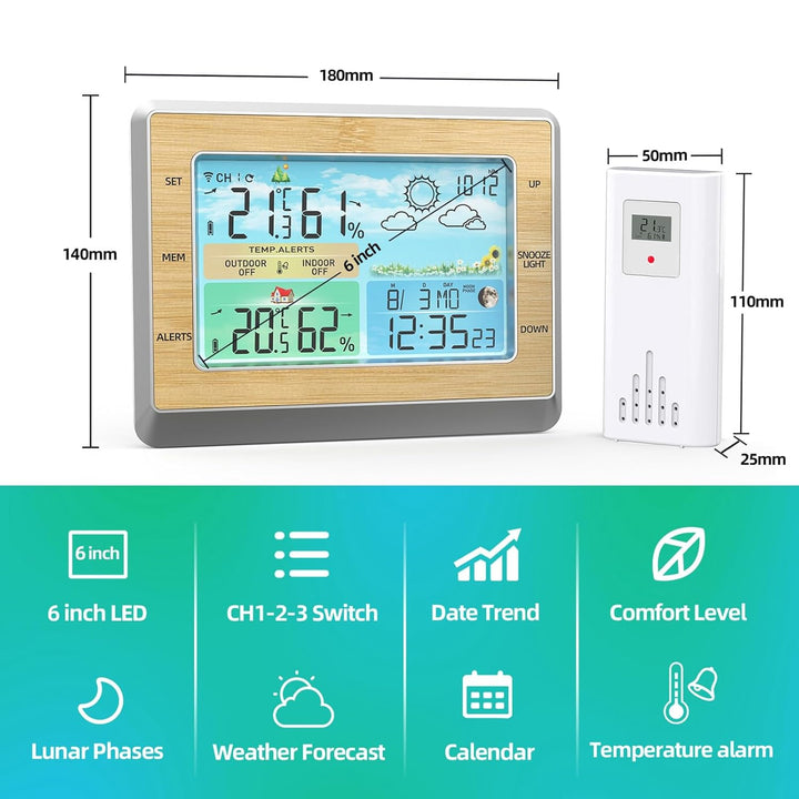 WLAN-Wetterstation mit LED-Farbbildschirm, Helligkeitsanpassung, Temperatur und Luftfeuchtigkeit, we