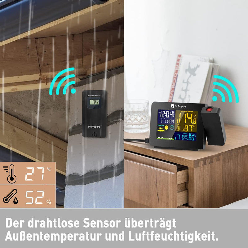 DR.PREPARE Projektionswecker Digitaler Wecker mit Projektion Wecker Wetterstation mit Aussensensor z