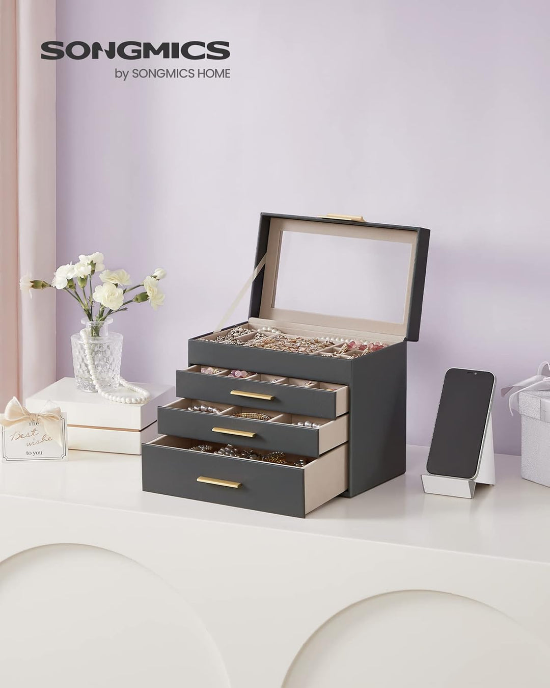 SONGMICS Schmuckkästchen, Schmuckkasten mit 4 Ebenen, Schmuckbox mit Glasdeckel, 3 Schubladen, für S