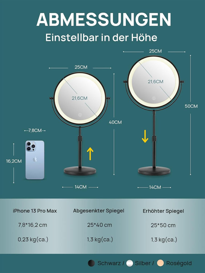 OMIRO 3X/10X Vergrösserungs Make-up Spiegel mit Lichtern, 8,5 Zoll doppelseitiger schwenkbarer Kosme