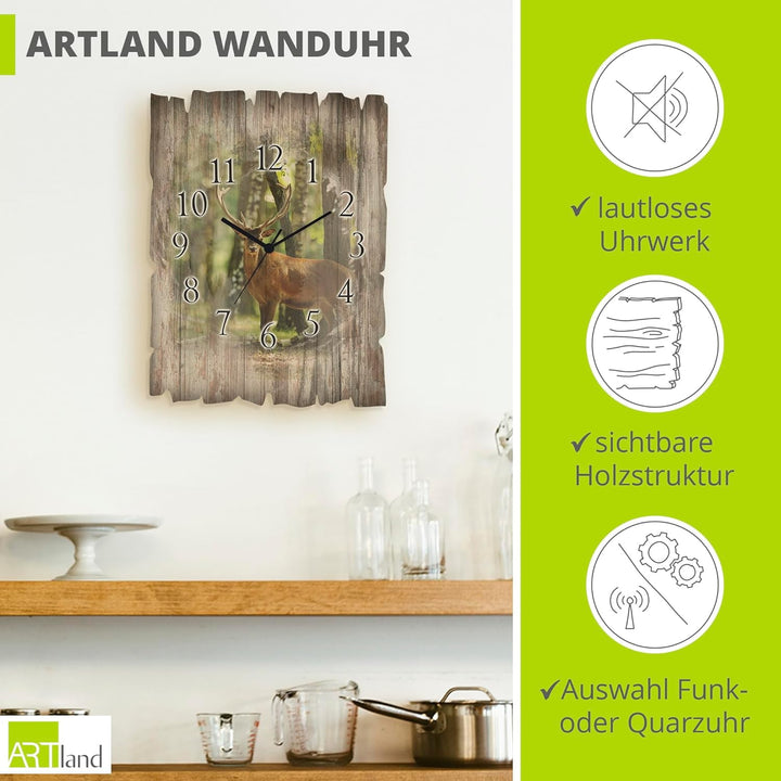 ARTLAND Wanduhr ohne Tickgeräusche aus Holz Funk Uhr 30x40 cm Rechteckig Lautlos Natur Tiere Hirsch