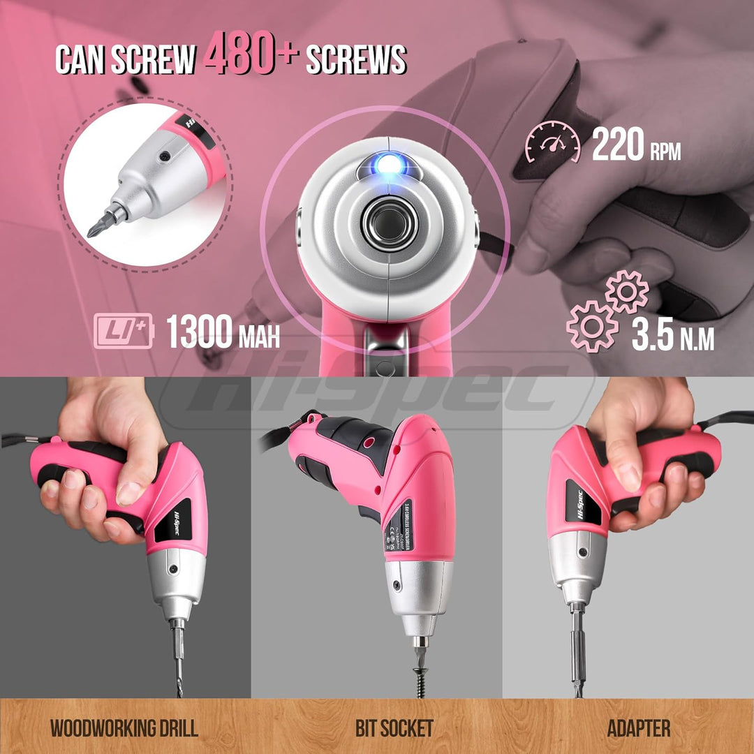 Hi-Spec Akkubohrer Set in Pink – Kompakter Mini Akkuschrauber mit leistungsstarkem 3.6-V-Akku, LED-L