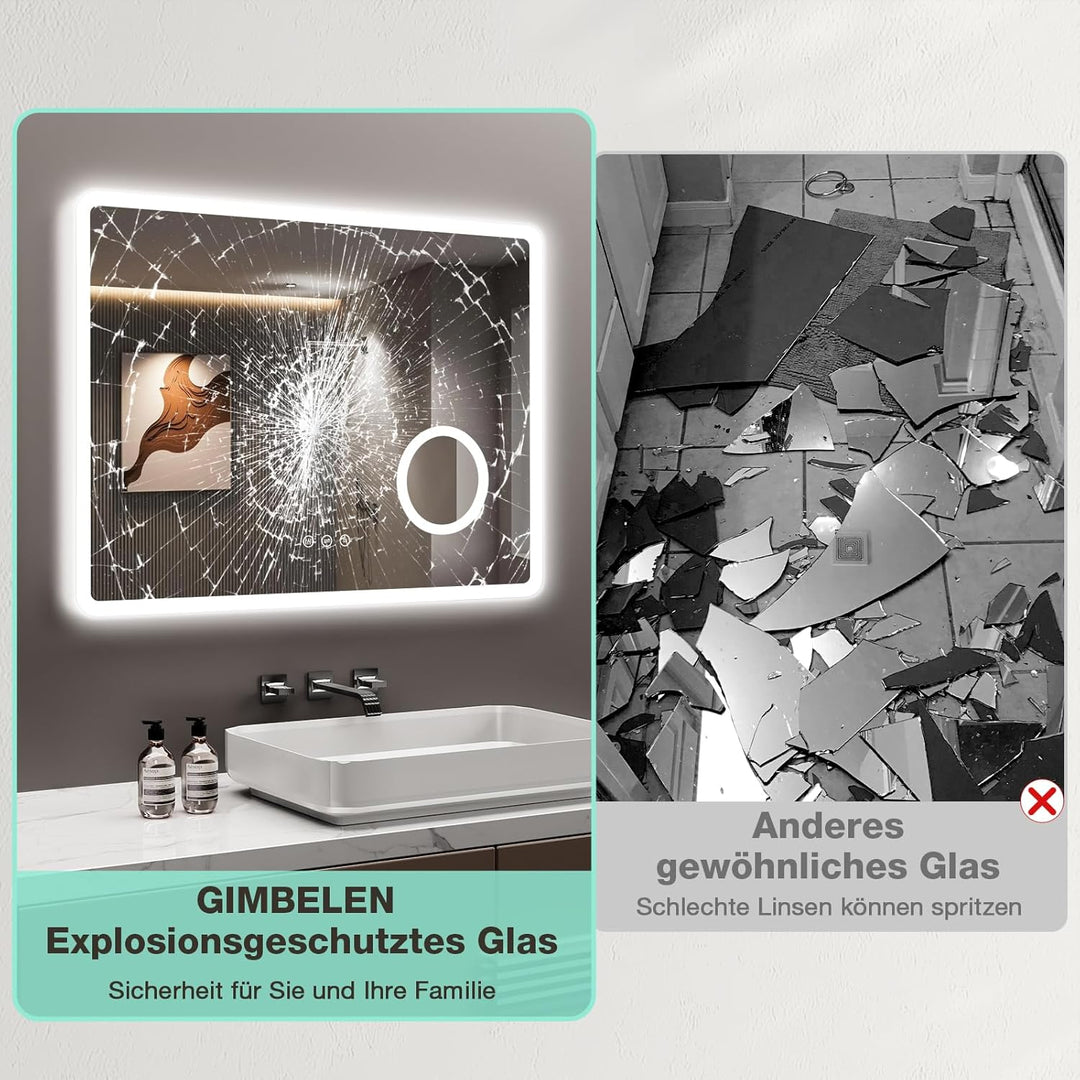 Badezimmerspiegel 80 x 60 cm mit Beleuchtung, 3 Lichtfarben, Dimmbar, Antibeschlag, 3-Fach Vergrösse