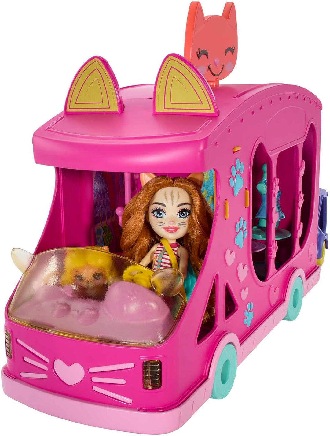 ENCHANTIMALS Glam Party, Puppe und Zubehör, Modewagen-Spielset, Puppe und bester Tierfreund, Wagen,