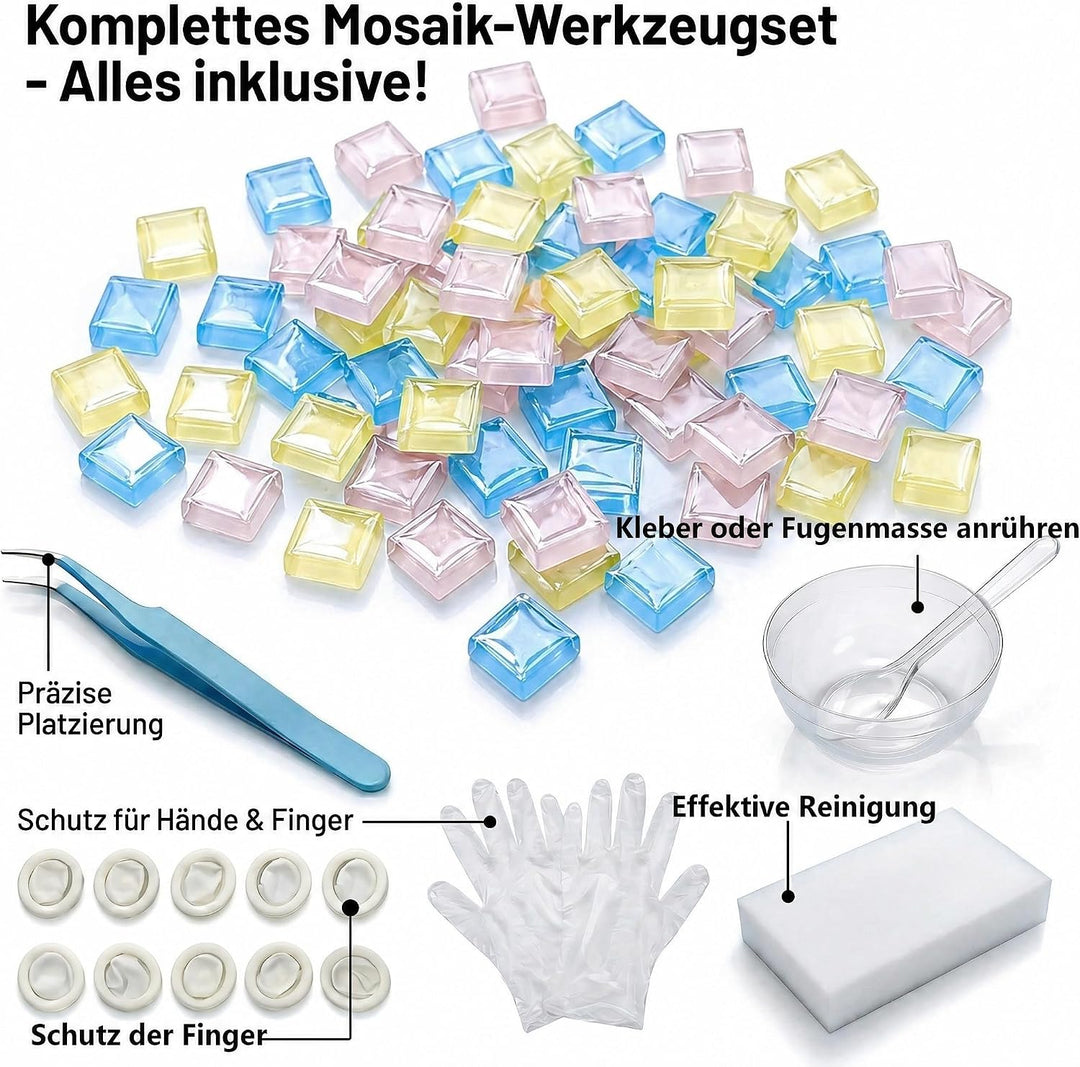 1 kg mosaiksteine zum Basteln, ca. 1200 Bunte Mosaiksteine 1x1 cm mit Pinzette, Schalen, Handschuhen