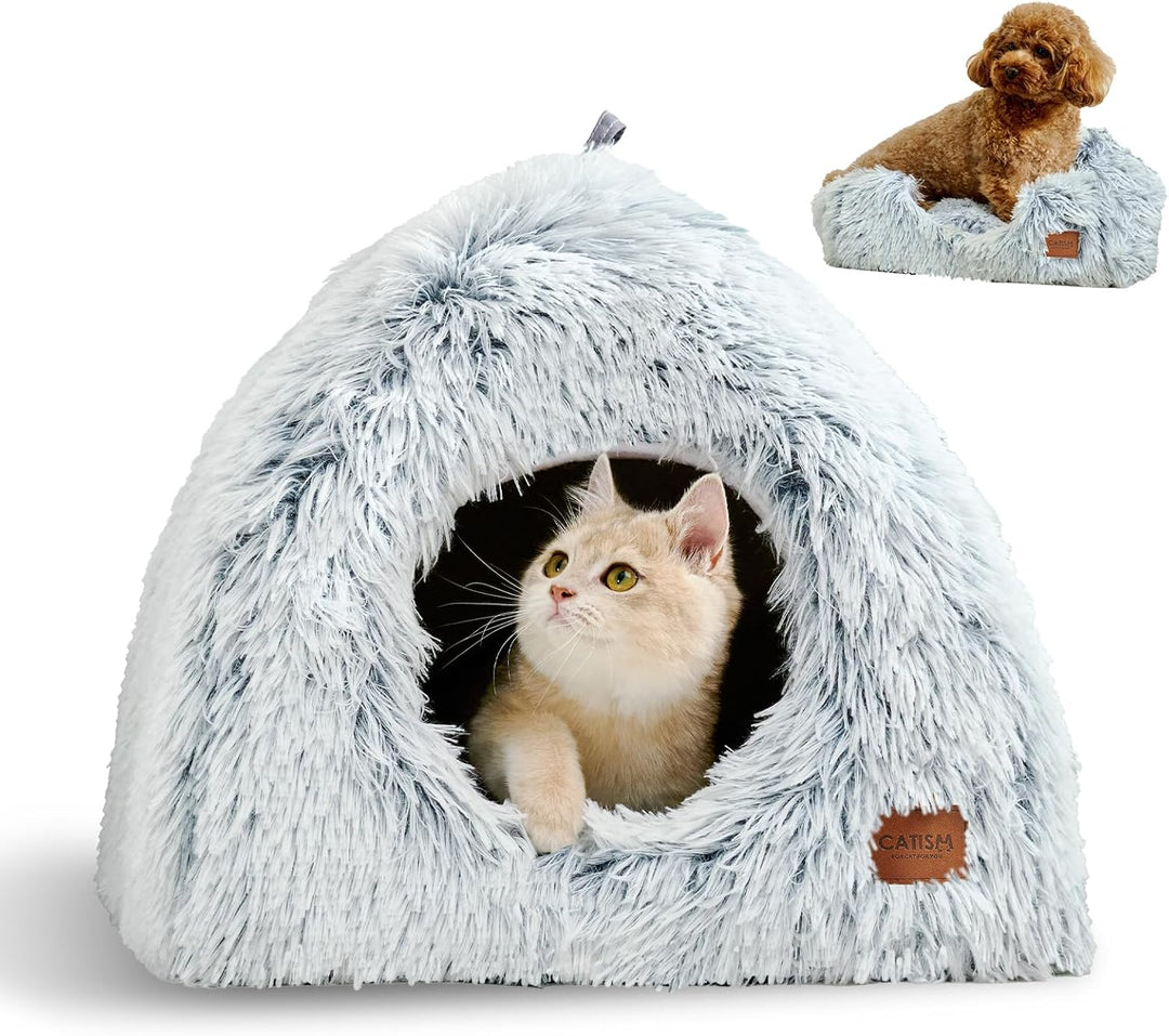 CATISM Katzenhöhle Katzenbett Katzenhaus Kuschelhöhle 45x45cm, 2 in 1 Faltbar Waschbar Bequemer Katz