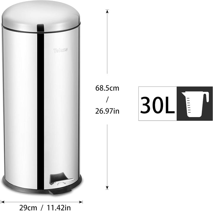 Velaze Treteimer 30L Zylindrisch Edelstahl mit Abnehmbarer Kunststoff-Inneneimer & Deckel, Ø29 x 68,