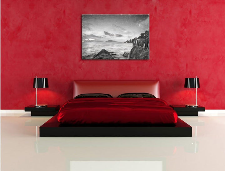 Pixxprint Sonnenuntergang Seychellen Kunst Kohle Effekt, Format: 100x70 auf Leinwand, XXL riesige Bi