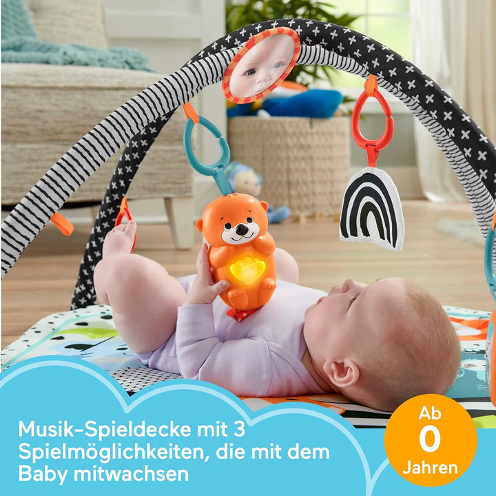 Fisher-Price Tierfreunde Kontrast-Spieldecke | Spielbogen Baby Spielzeug mit Musik und Licht | Krabb