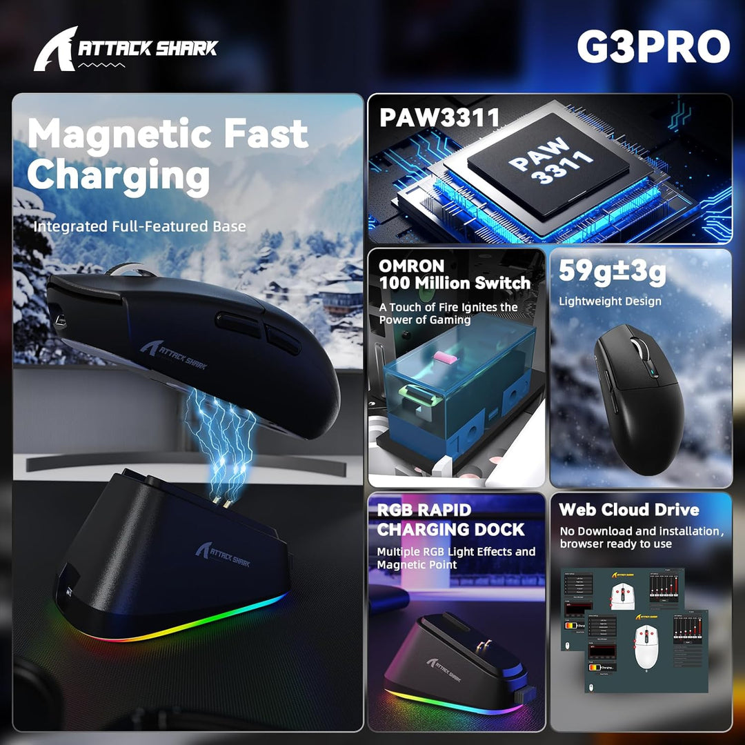 MAMBASNAKE x Attack Shark G3PRO Gaming-Maus mit Magnetischer Ladestation, BT/2.4G Wireless/Kabel, Pi
