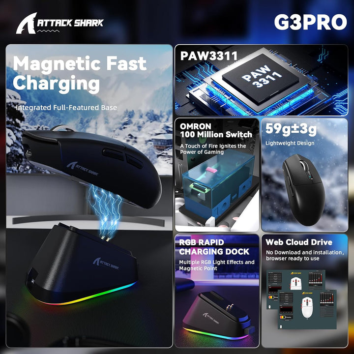 MAMBASNAKE x Attack Shark G3PRO Gaming-Maus mit Magnetischer Ladestation, BT/2.4G Wireless/Kabel, Pi