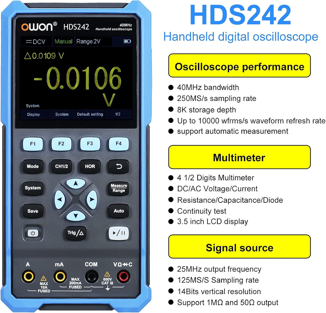 OWON HDS242 Handheld Digital Oszilloskop Multimeter 2CH USB TypC 40MHz 3.5 LCD Prüfen Meter, HDS242