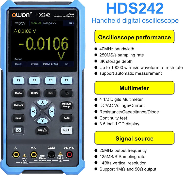 OWON HDS242 Handheld Digital Oszilloskop Multimeter 2CH USB TypC 40MHz 3.5 LCD Prüfen Meter, HDS242