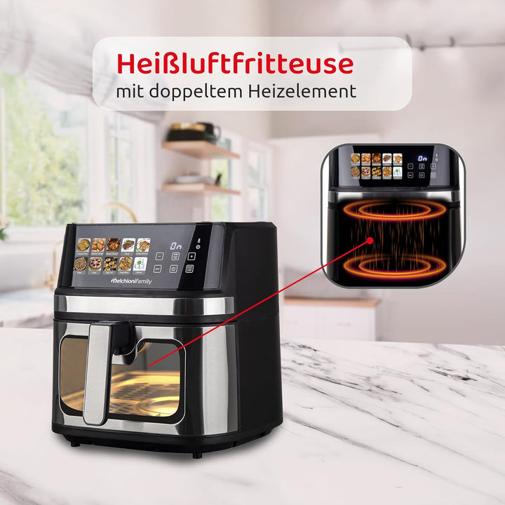 Melchioni Family | GAIA PLUS Heissluftfritteuse mit Doppelheizung 8L, Schwarz, Gaia Plus